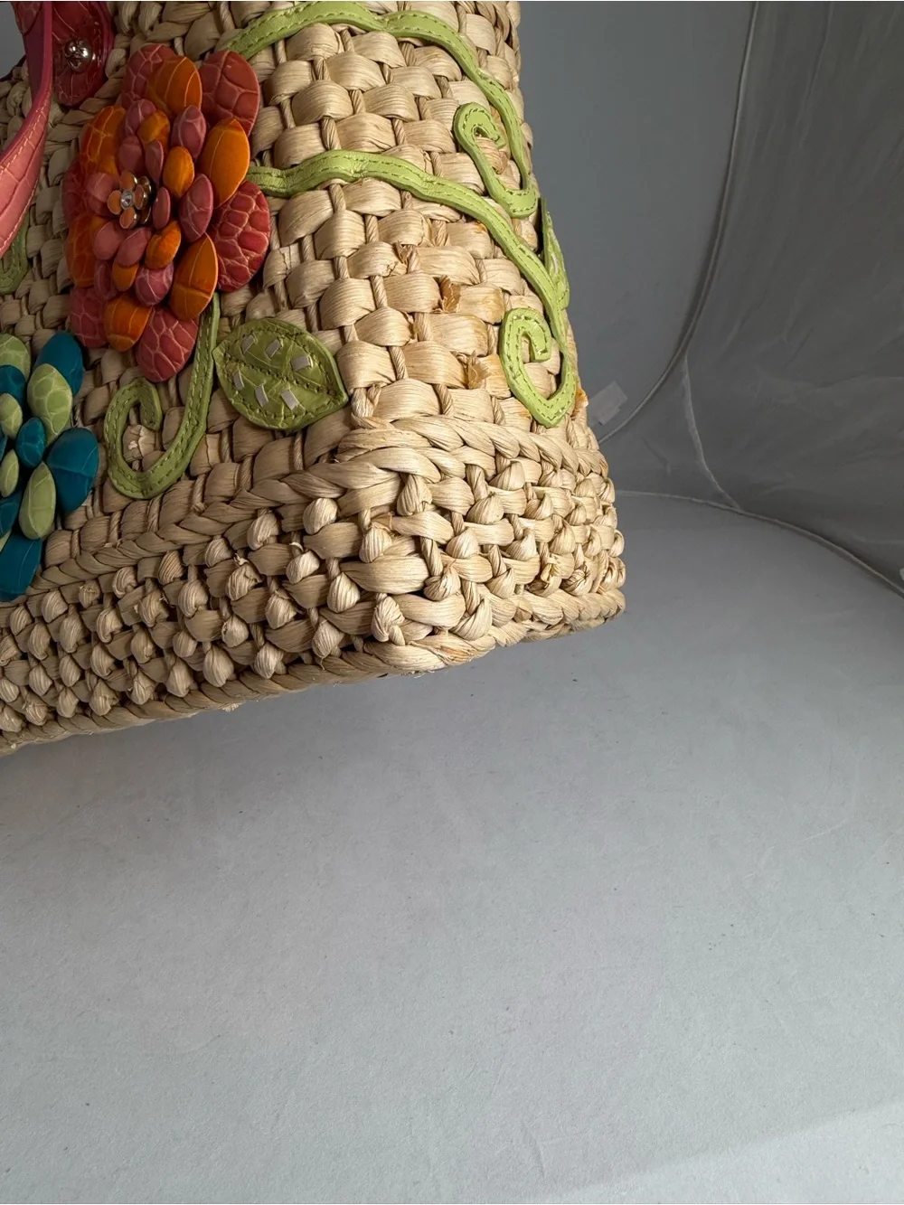 Brighton Beige Straw Tote with Pink Trim and Multicolor leather Floral Appliqués - Picture 11 of 12
